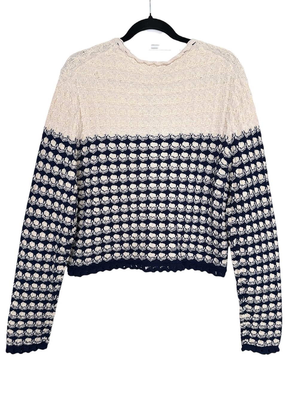 J. CREW Lady Jacket Cardigan Textured Crochet Navy Cream Coastal Sweater L - Picture 6 of 12